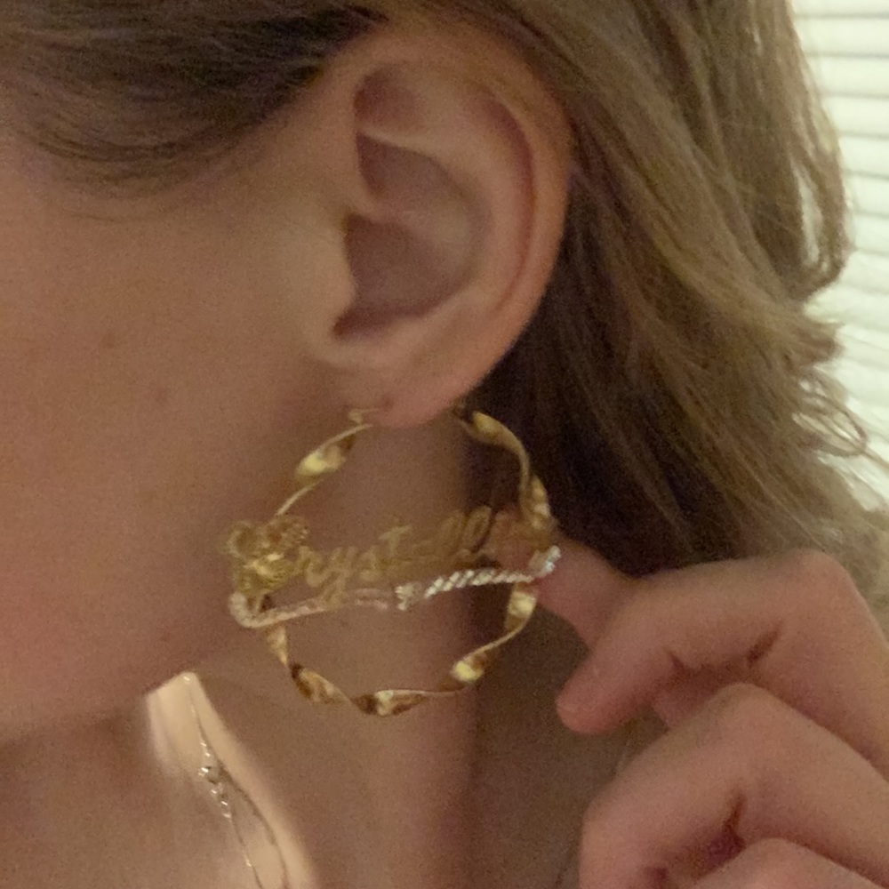 Tres Colori 18 Karat Gold Plated Nameplate Hoop Earrings: Crystal - Picture 6 of 13